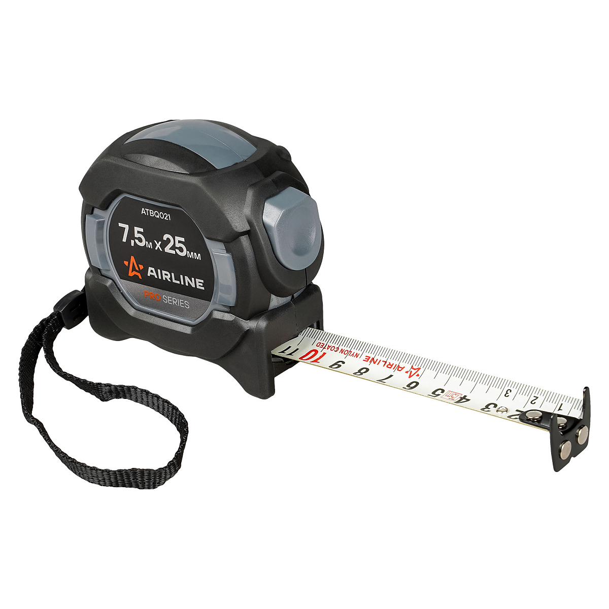 Рулетка в прорезиненном корпусе 7.5мх25мм PRO, автостоп дв.магнит.зацеп,нейлон двуст.шкала
