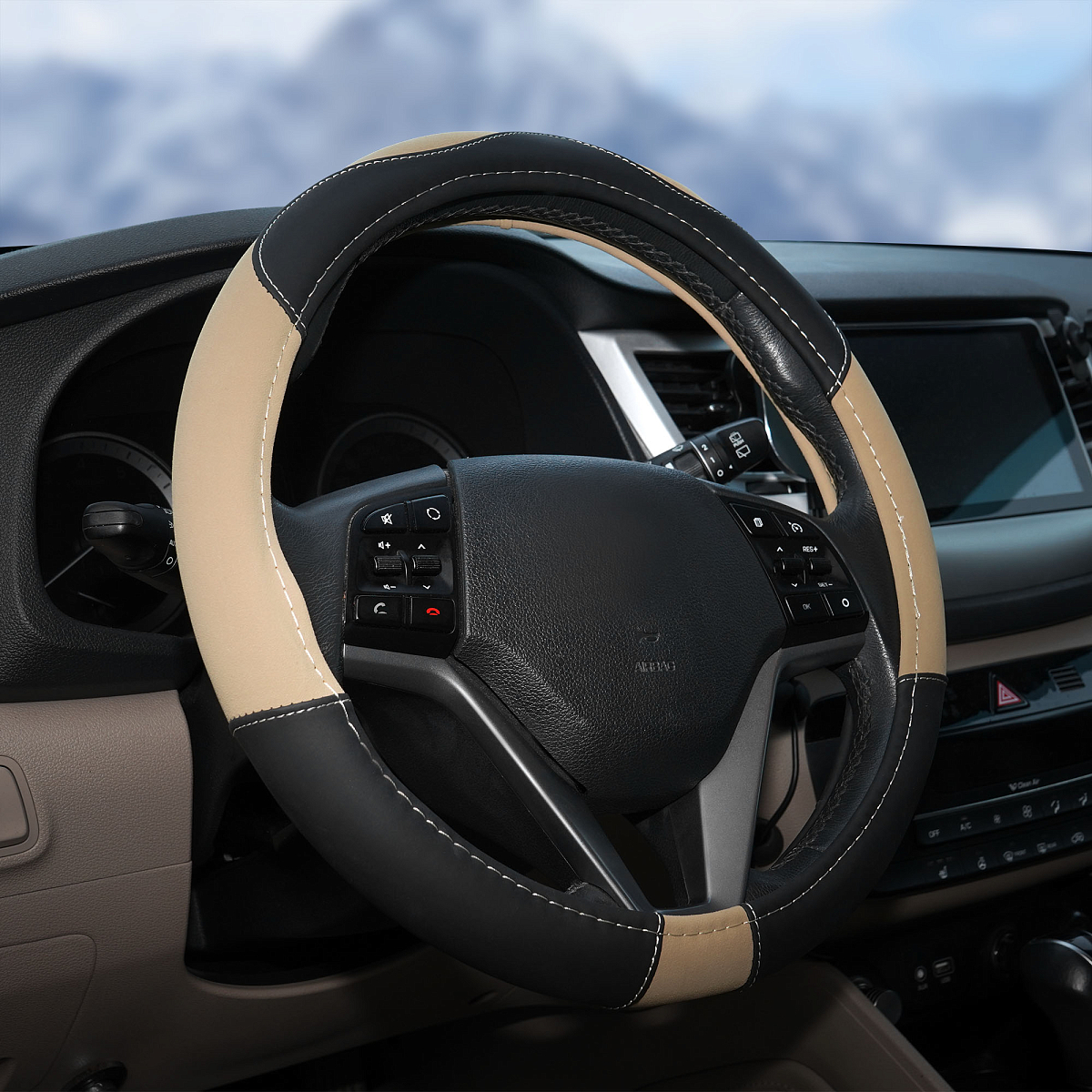 Оплетка на руль, искусственная замша/кожа, песочная/черная, 38 см / M
