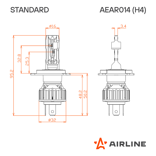 Лампа светодиодная H4 STANDARD, 17Вт, 4000Лм (2000Лм x 2), 3000К (Желтый), 12В, комплект 2 шт.