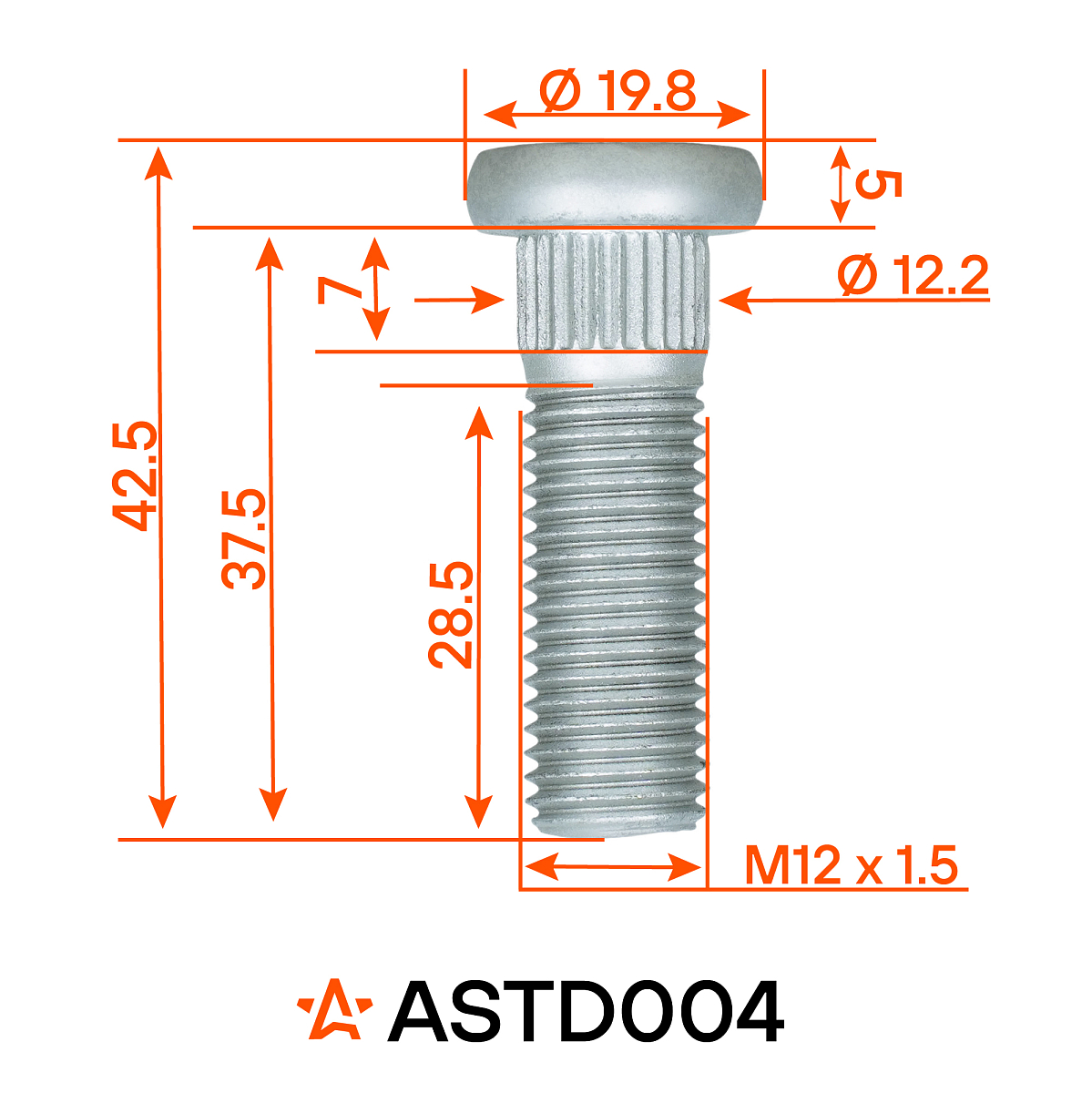 Шпилька колесная M12x1,5x28,5x42,5, d посадки 12,2, дакромет для а/м Honda