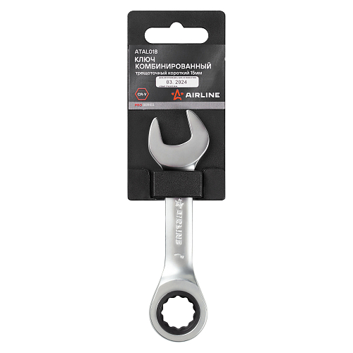 Ключ комбинированный трещоточный короткий 15мм PRO, пласт.подвес