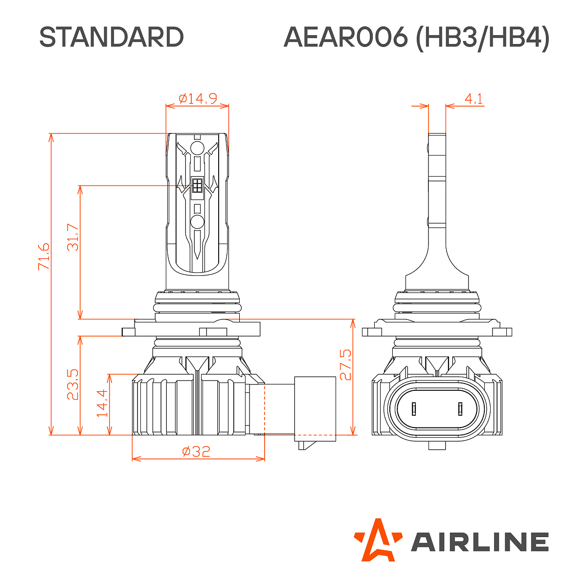 Лампа светодиодная HB3/HB4 STANDARD, 17Вт, 4000Лм (2000Лм x 2), 3000К (Желтый), 12В, комплект 2 шт. МП-серия
