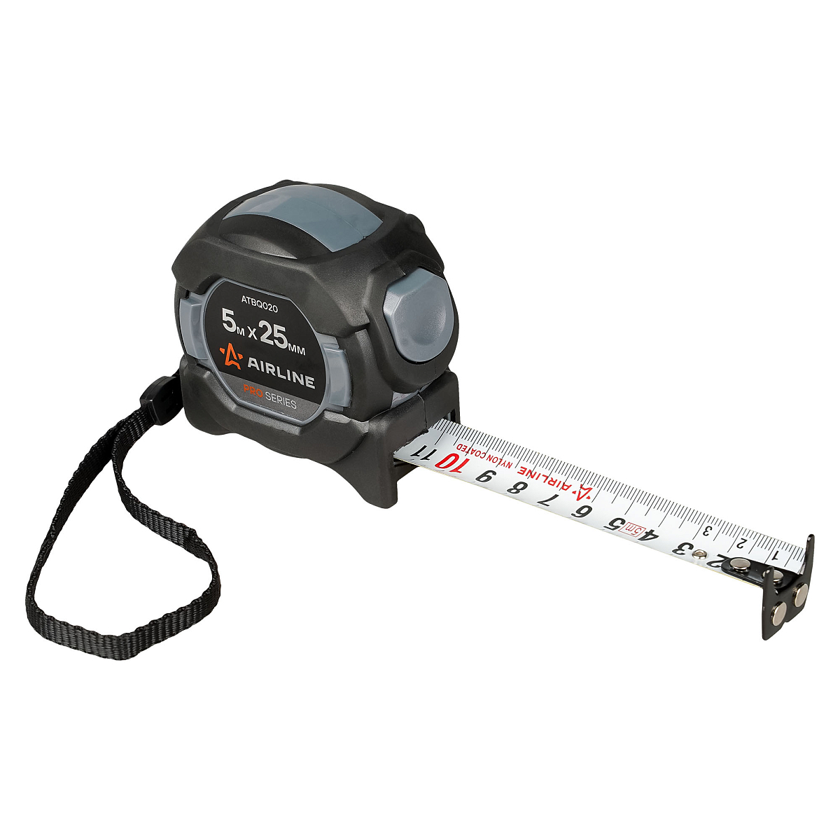 Рулетка в прорезиненном корпусе 5мх25мм PRO, автостоп, дв.магнит.зацеп, нейлон.двуст.шкала