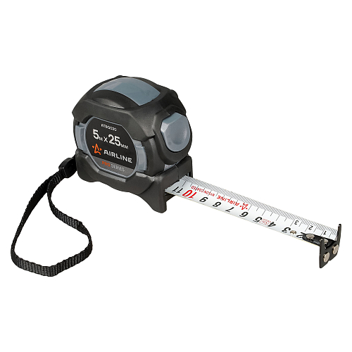 Рулетка в прорезиненном корпусе 5мх25мм PRO, автостоп, дв.магнит.зацеп, нейлон.двуст.шкала