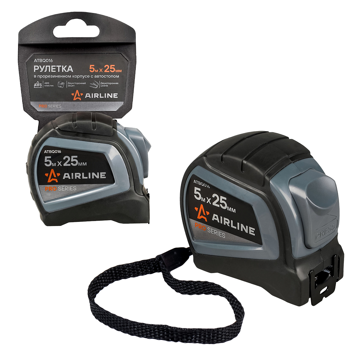 Рулетка в прорезиненном корпусе 5мх25мм PRO, автостоп, дв. зацеп, дв. шкала