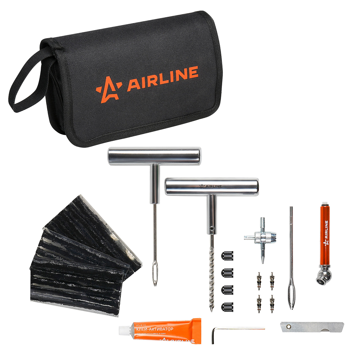 Ремкомплект для б/к шин в кейсе (клей, шило для жгута+спирал., жгуты 20шт.,маном, метчик, колп. 4шт, золотн. 4шт)