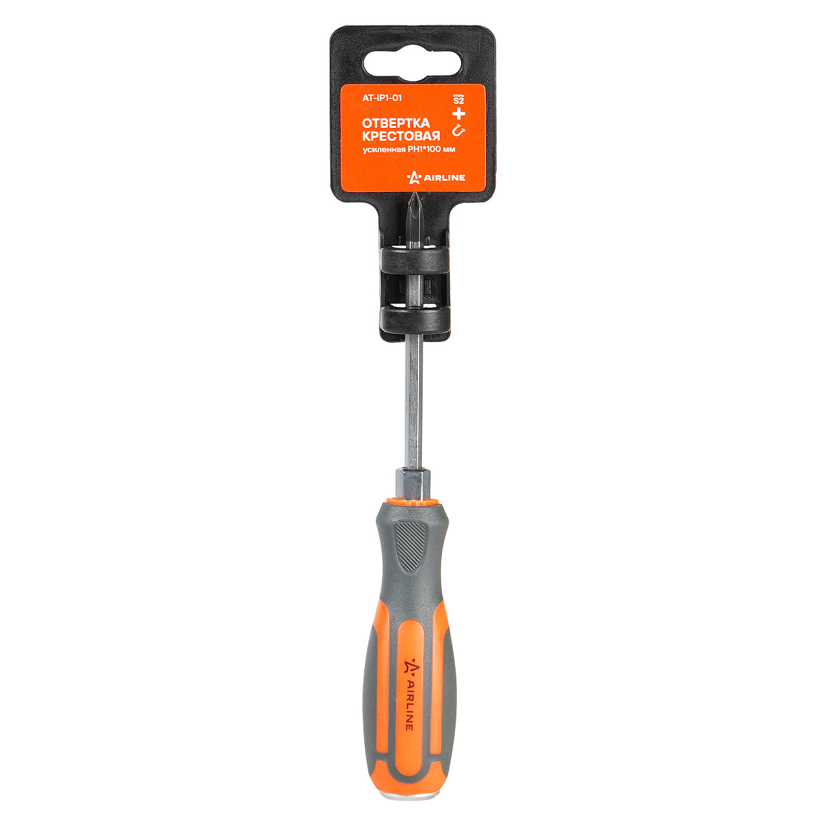 Отвертка крестовая PH1х100мм усиленная. магнитный наконечник, пласт.подвес