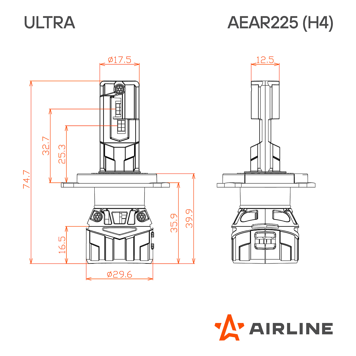 Лампа светодиодная H4 ULTRA, 55Вт, 10400Лм (5200Лм x 2), 6500К (Белый), 12/24В, комплект 2 шт.