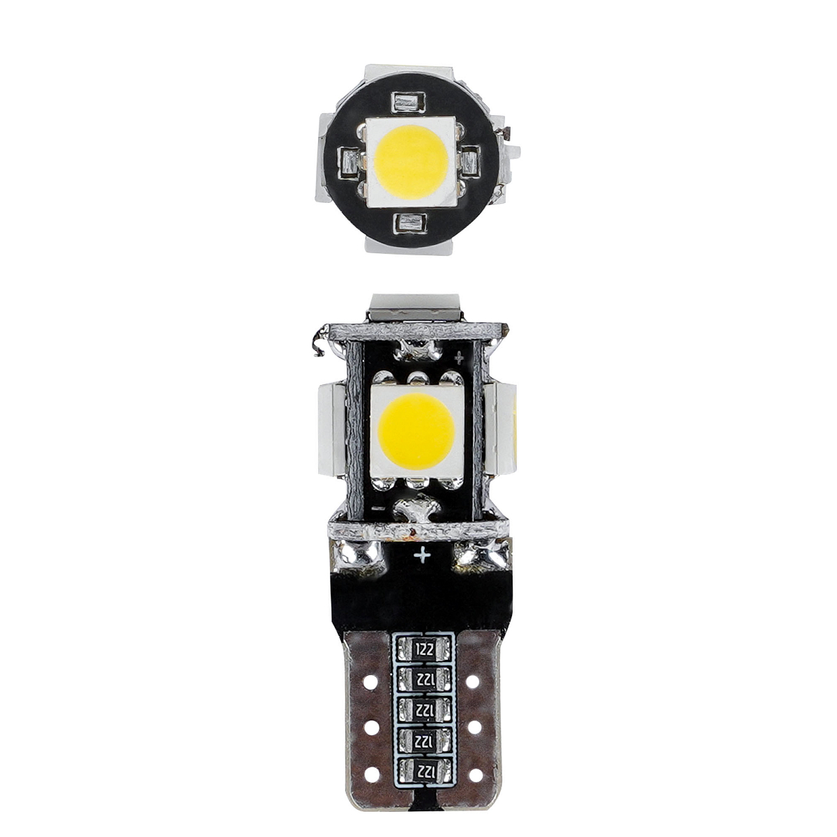 Лампа светодиодная W5W (T10) PLUS, 6000K (Белый), 12В, 1.7Вт, 5LED, Полярная, Обманка CAN bus