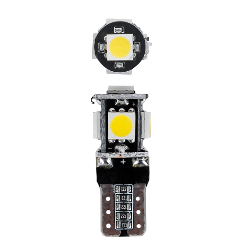 Лампа светодиодная W5W (T10) PLUS, 6000K (Белый), 12В, 1.7Вт, 5LED, Полярная, Обманка CAN bus