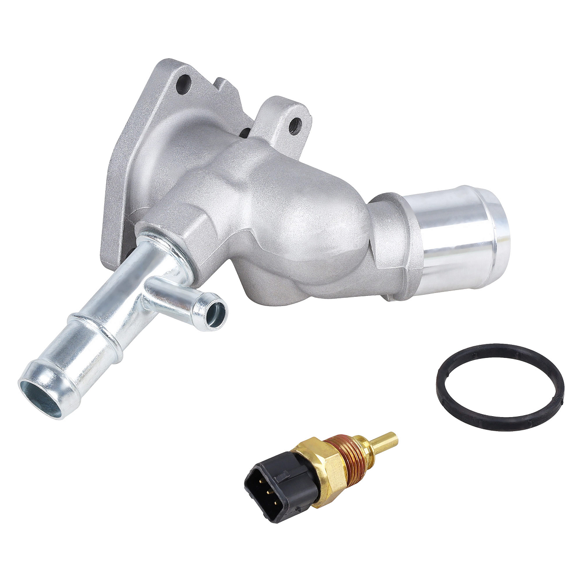 Фланец системы охлаждения для автомобилей Hyundai Solaris (10-)/(17-)/Creta (16-)/Elantra HD (09-)/KIA Rio III (10-)/(17-)/Ceed (18-)/Cerato (18-) (алюминиевый корпус, с датчиком температуры)