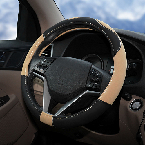 Оплетка на руль, искусственная замша/кожа, песочная/черная, 38 см / M