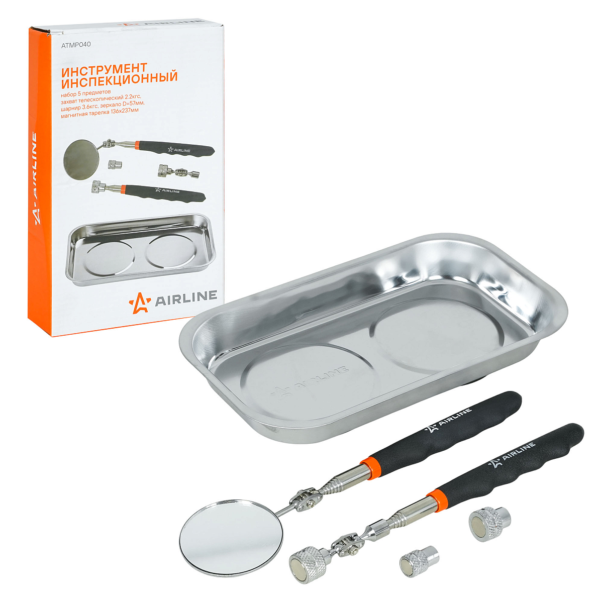 Инструмент инспекционный, набор 5пр. (захват 2.2.кгc, шарнир 3.6кгc, зеркало D=50мм, магнит.тарелка 136х237мм)