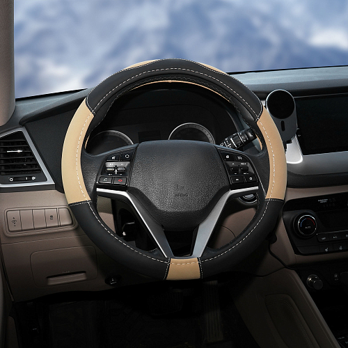 Оплетка на руль, искусственная замша/кожа, песочная/черная, 38 см / M