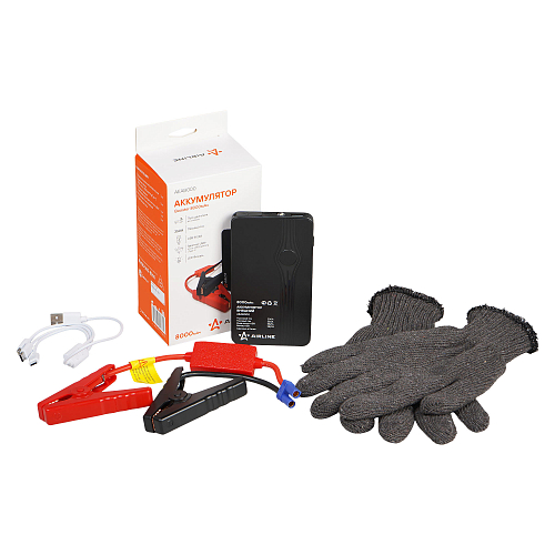 Набор Аккумулятор пусковой+Перчатки (8000мАч, 350А, 12.4В, пуск 2.0d, USB 5V/2A; перчатки ХБ сер.)
