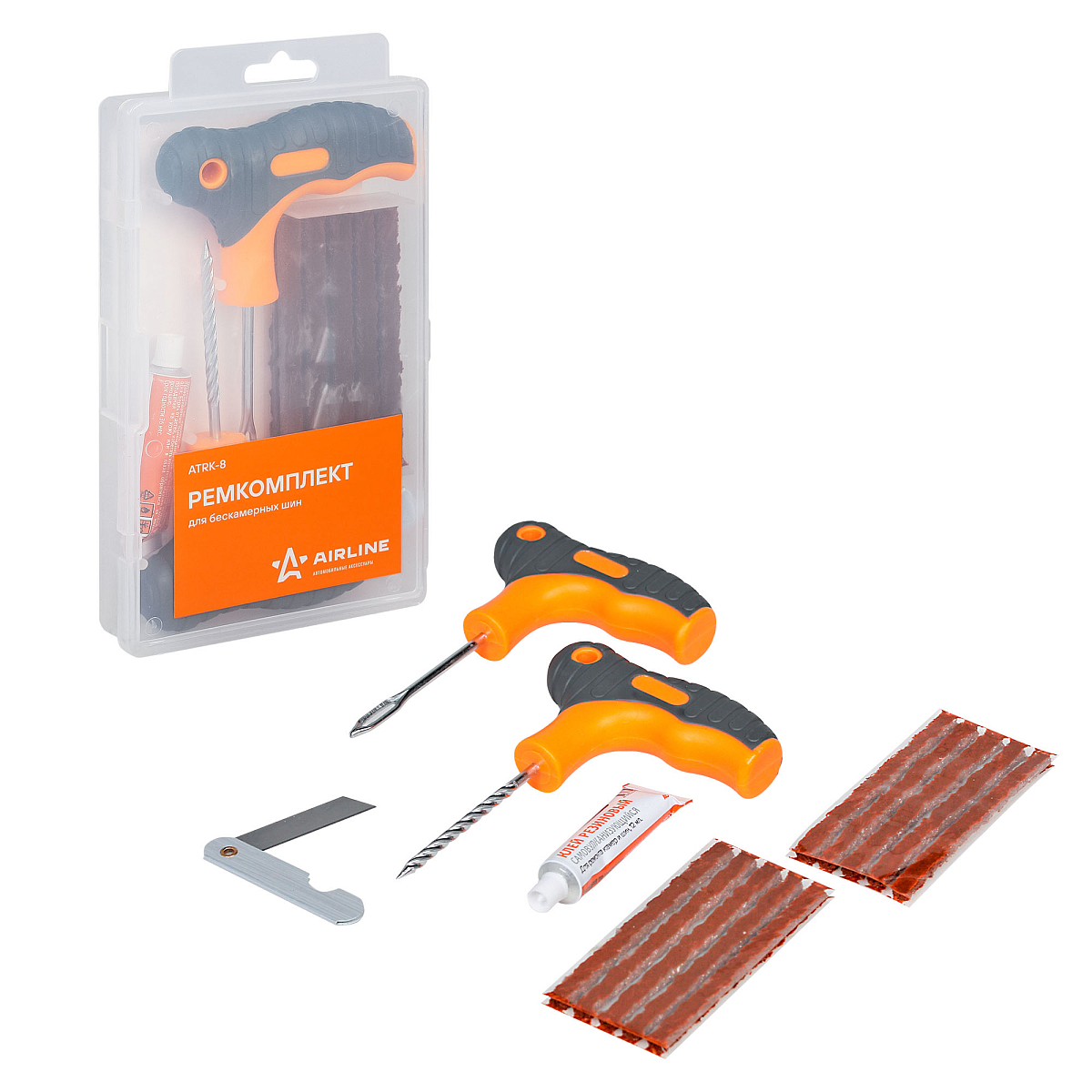 Ремкомплект для б/к шин в кейсе прорезин.ручки (клей, шило:для жгута+спиральное, жгуты 10 шт., нож)