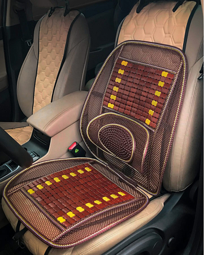 Накидка деревянная на перед. сиденье с поддержкой спины, массажная, цвет желт./коричн.