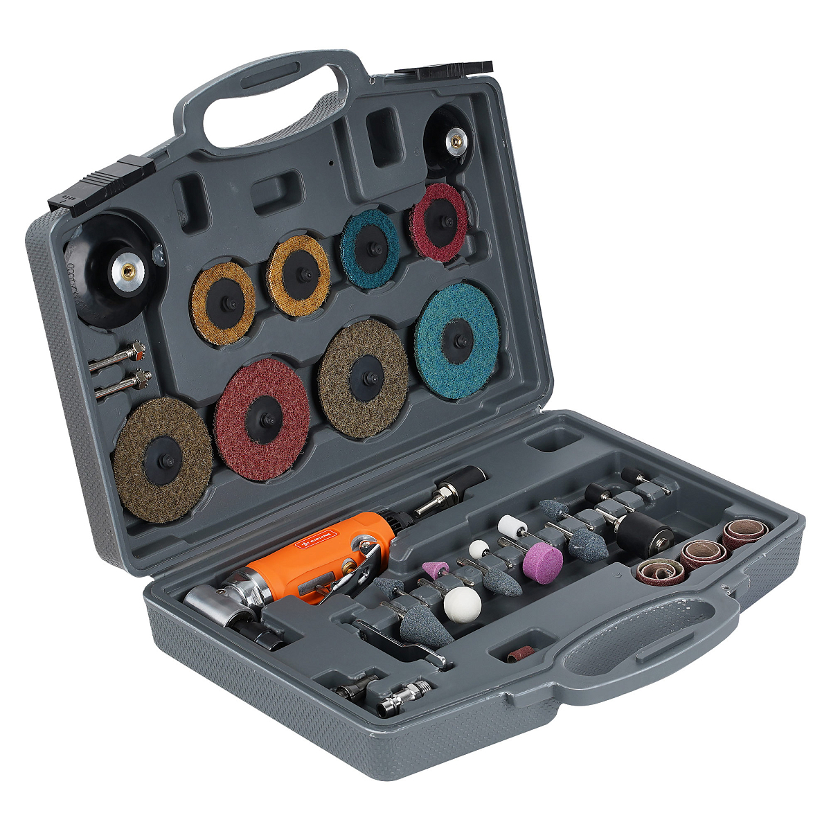 Машинка шлифовальная пневматическая 165мм, 20000об/мин угловая с оснасткой 43пр. кейс