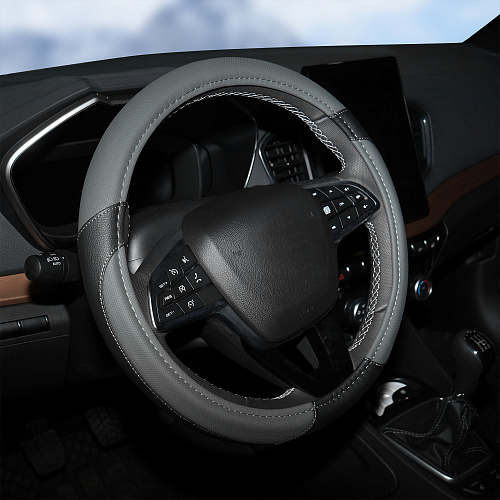 Оплетка на руль, искусственная кожа с перфорацией, серая/черная, 40 см / L