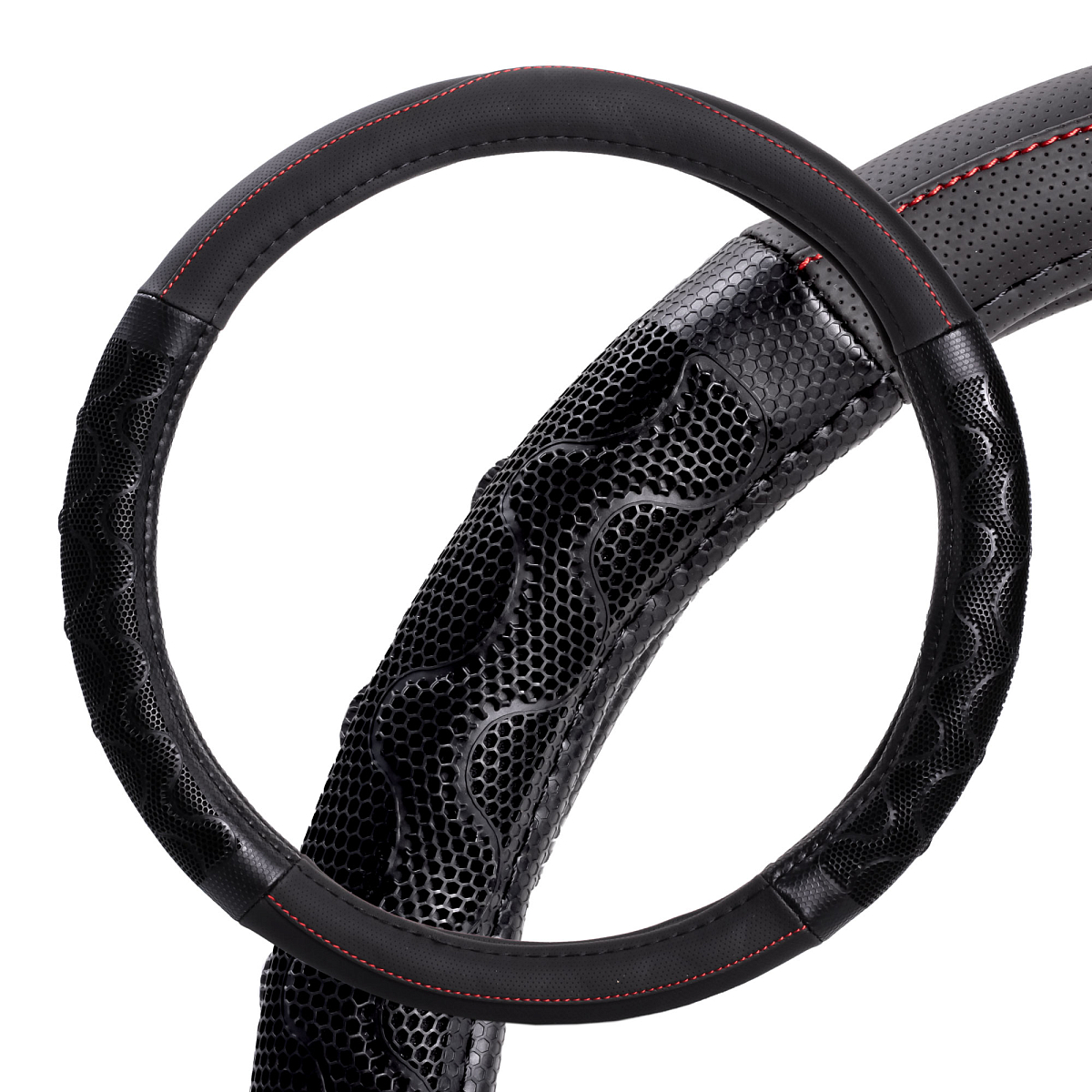 Оплетка на руль, искусст. кожа, с ПВХ рельефом, черная, 38 см/М