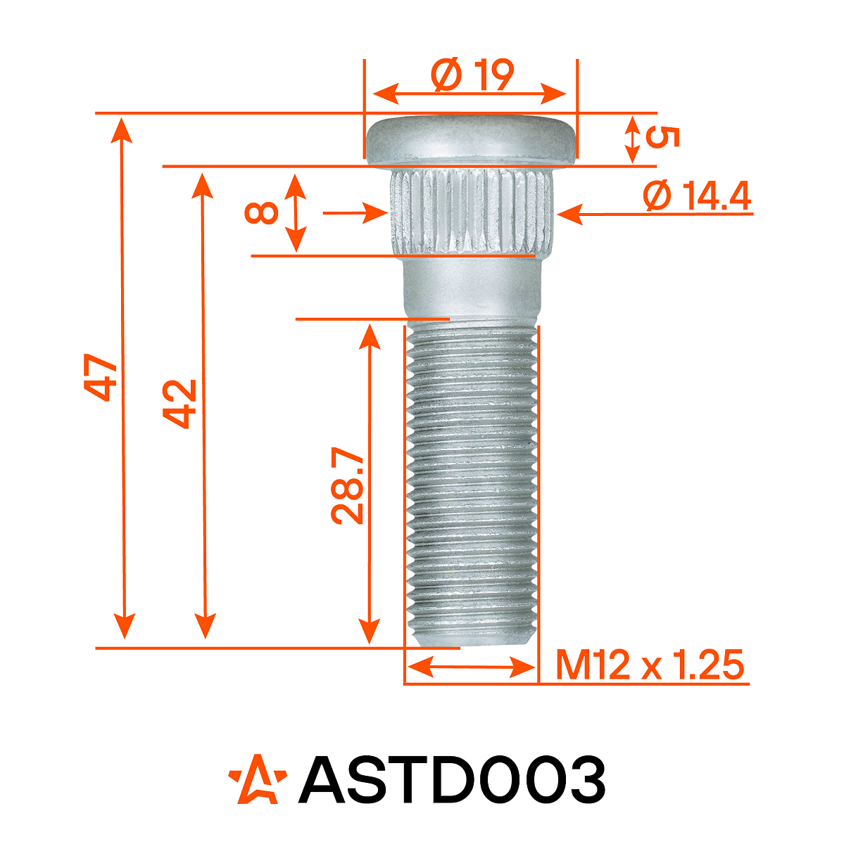 Шпилька колесная M12x1,25x28,7x47, d посадки 14,4, дакромет для а/м Nissan/Subaru/Infiniti