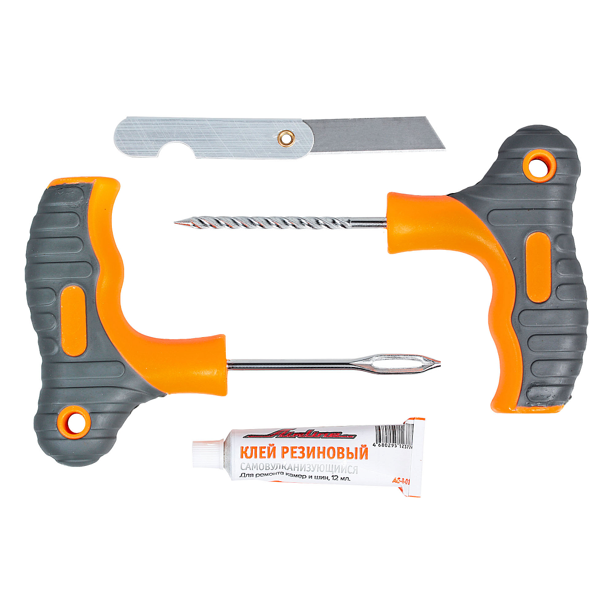 Ремкомплект для б/к шин в кейсе прорезин.ручки (клей, шило:для жгута+спиральное, жгуты 10 шт., нож)