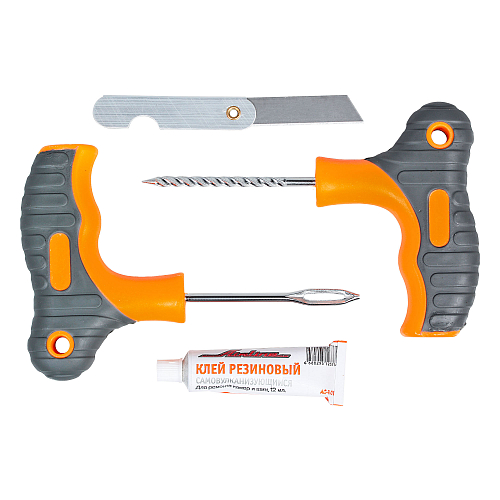Ремкомплект для б/к шин в кейсе прорезин.ручки (клей, шило:для жгута+спиральное, жгуты 10 шт., нож)