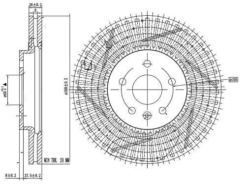 Диски тормозные для автомобилей Chevrolet Malibu IX (16-) / Opel Astra K (15-) передний d=300 PRO (перфорированный / слотированный / окрашенный)