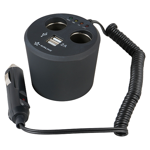 Разветвитель прикуривателя 2 гнезда 8А + 2USB в подстаканник с индикат.заряд.АКБ обрезин.