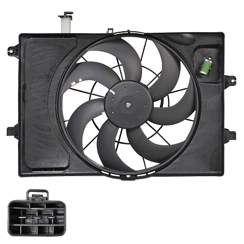 Электровентилятор охлаждения для автомобилей KIA Cerato (18-)/Ceed (18-)/Seltos (19-)/Soul III (19-) 1.6i/2.0i (с кожухом и резистором)