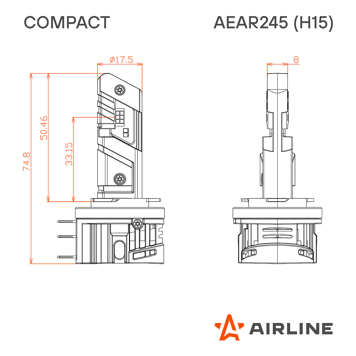 Лампа светодиодная H15 COMPACT, 23Вт, 4400Лм (2200Лм x 2), 6500К (Белый), 12В, комплект 2 шт.
