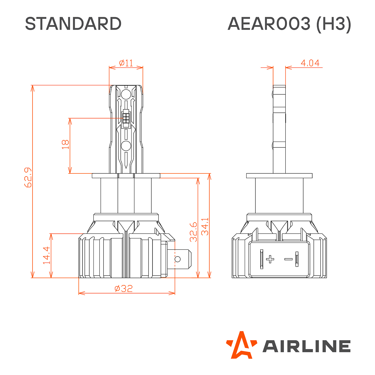 Лампа светодиодная H3 STANDARD, 17Вт, 4000Лм (2000Лм x 2), 6000К (Белый), 12В, комплект 2 шт. МП-серия