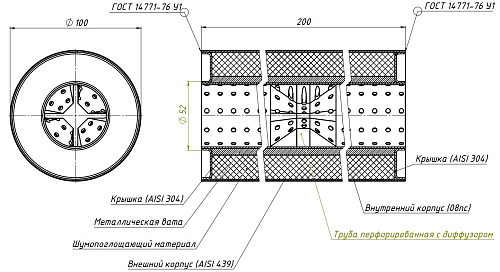 Пламегаситель универсальный 100/200-50 с перфорированным диффузором (нержавеющая сталь)