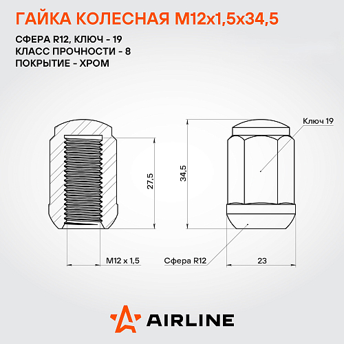 Гайка колесная M12x1,5x34,5, сфера R12, ключ 19, закрытая, хром, 20 шт для а/м Honda