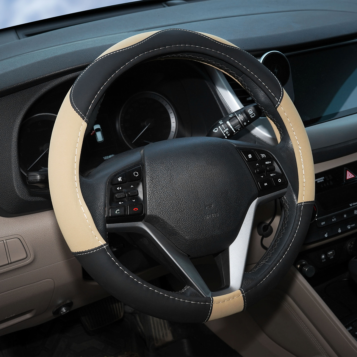 Оплетка на руль, искусственная замша/кожа, песочная/черная, 38 см / M