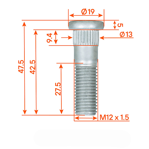 Шпилька колесная M12x1,5x27,5x47,5, d посадки 13, дакромет, 20 шт для а/м Hyundai/KIA/Mitsubishi
