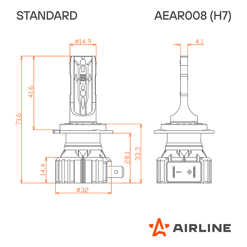 Лампа светодиодная H7 STANDARD, 17Вт, 4000Лм (2000Лм x 2), 3000К (Желтый), 12В, комплект 2 шт. МП-серия