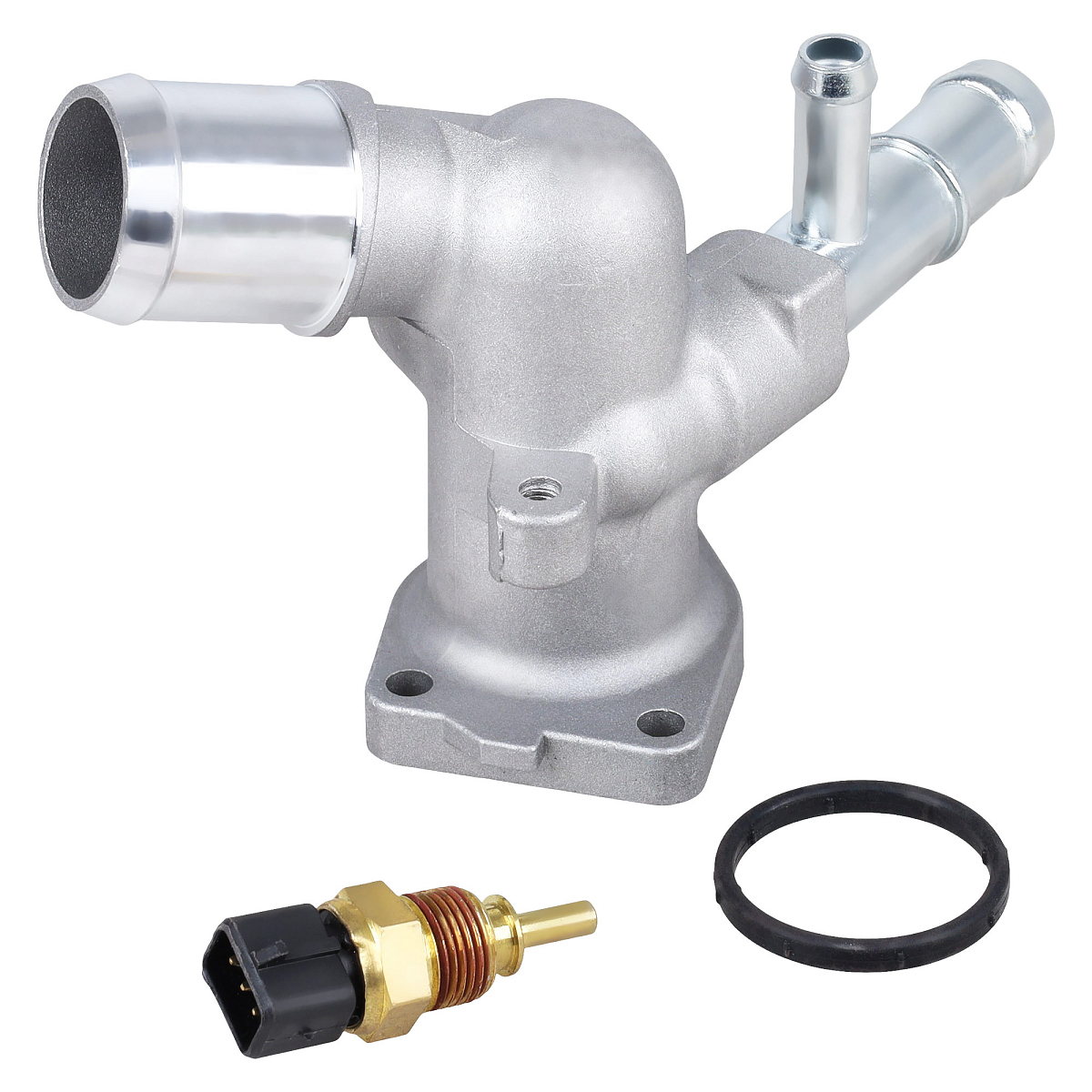 Фланец системы охлаждения для автомобилей Hyundai Solaris (10-)/(17-)/Creta (16-)/Elantra HD (09-)/KIA Rio III (10-)/(17-)/Ceed (18-)/Cerato (18-) (алюминиевый корпус, с датчиком температуры)