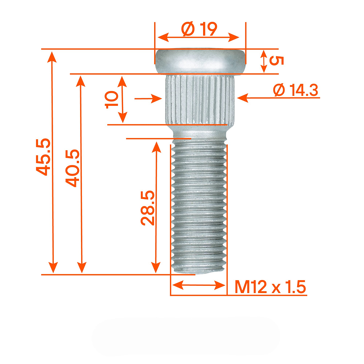 Шпилька колесная M12x1,5x28,5x45,5, d посадки 14,3, дакромет, 20 шт для а/м Toyota/Mazda/Hyundai