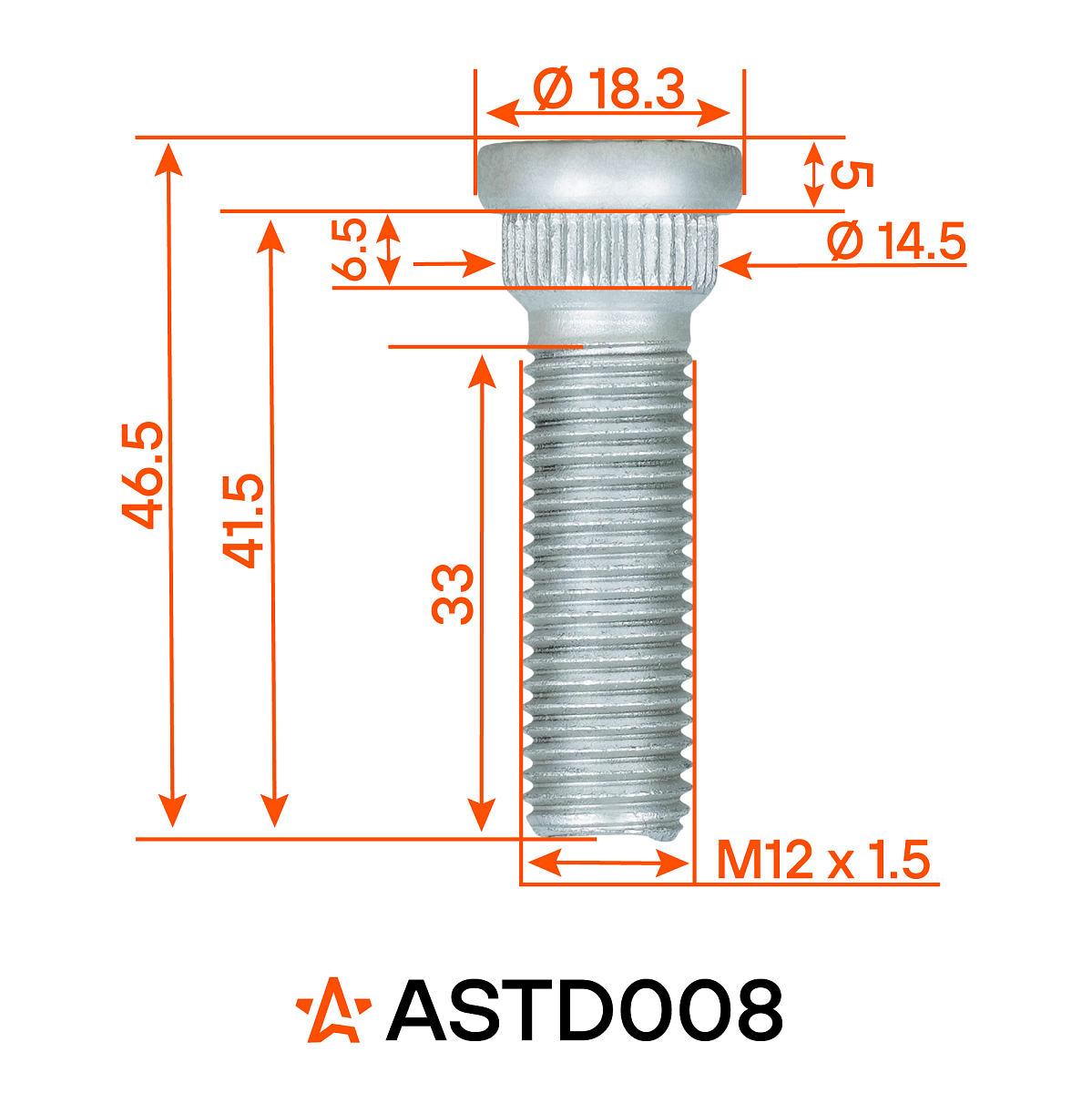 Шпилька колесная M12x1,5x33x46,5, d посадки 14,5, дакромет для а/м Toyota/Lexus
