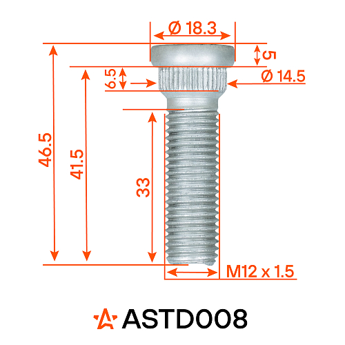 Шпилька колесная M12x1,5x33x46,5, d посадки 14,5, дакромет для а/м Toyota/Lexus