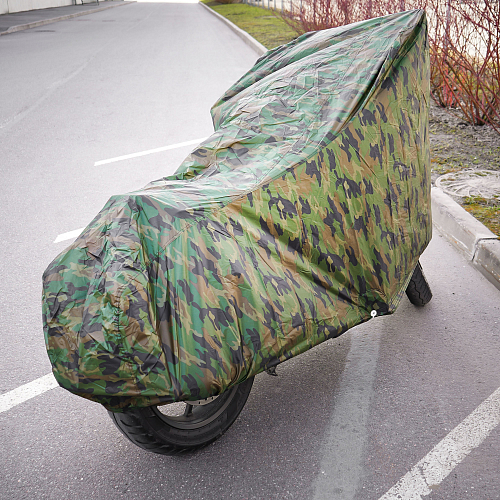 Чехол-тент на мотоцикл защитный M (225х90х110см), люверс под замок, летний камуфляж