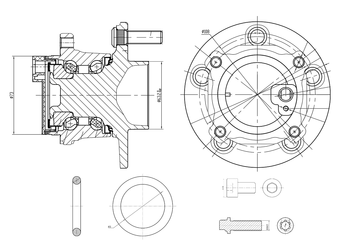 Ступица задняя в сборе с подшипником с монтажным комплектом для автомобиля Ford Focus II (05-)