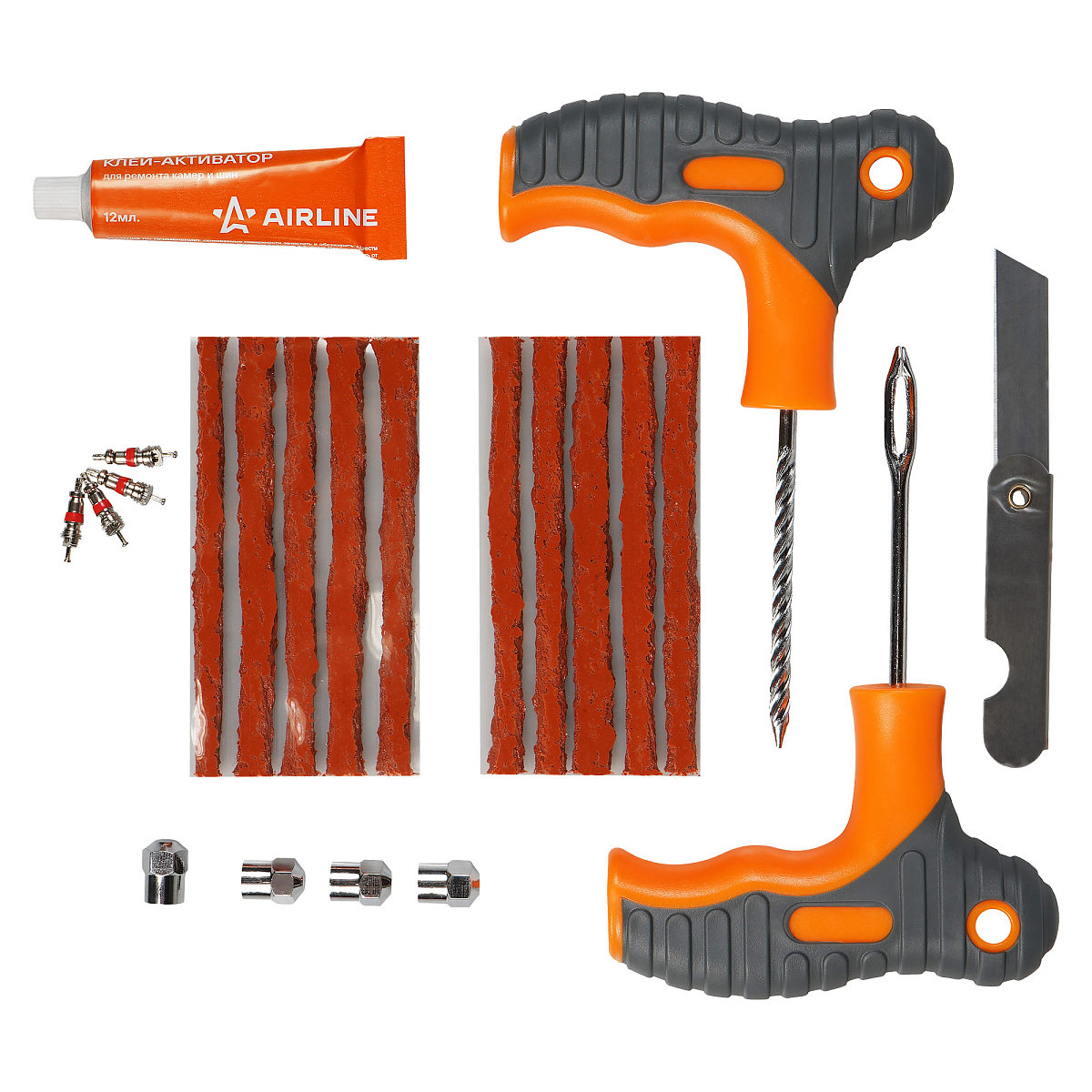 Набор для ремонта шин (прорезин.ручки, клей, шило2шт, жгуты5шт, нож, золотн.4шт, колпач.4шт)
