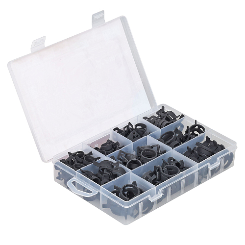 Хомуты пружин.набор 98шт.(13,14,15,16,18,20,21,22,23,24мм) самозажим.,хром-цинк,черн.,кейс