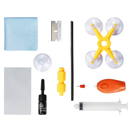 Набор для ремонта лобового стекла 12пр.(клей светоотвержд.,рем.устройство,фонарик UV и проч.)