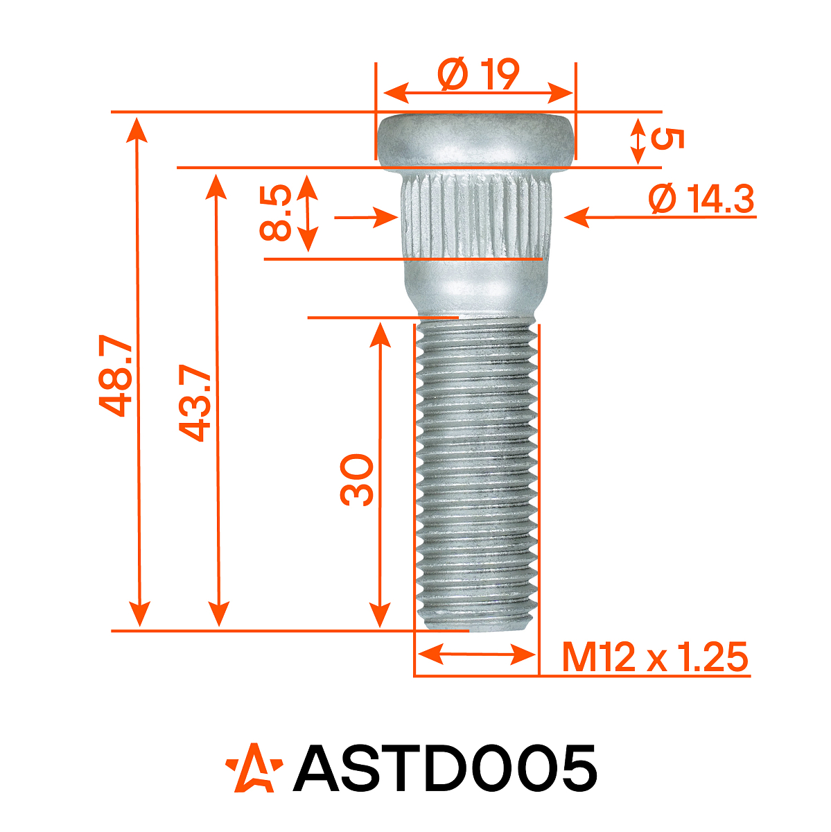 Шпилька колесная M12x1,5x30x48,7, d посадки 14,3, дакромет для а/м KIA/Hyundai/Mitsubishi