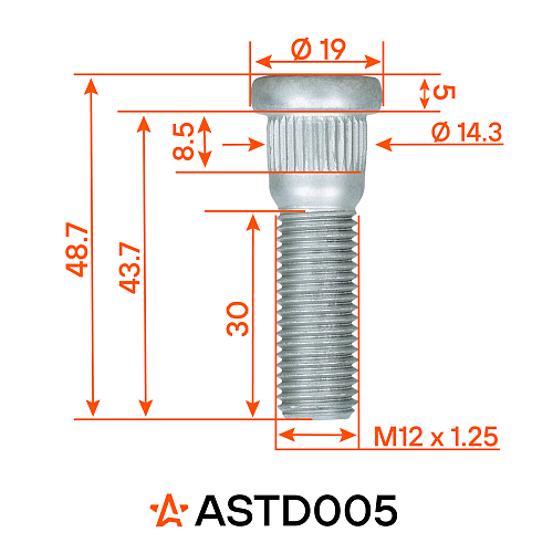 Шпилька колесная M12x1,5x30x48,7, d посадки 14,3, дакромет для а/м KIA/Hyundai/Mitsubishi