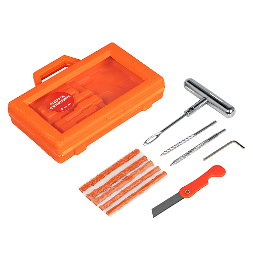 Ремкомплект для б/к шин в кейсе (шило для жгута + напильник + спиральное, жгуты 5 шт., нож)