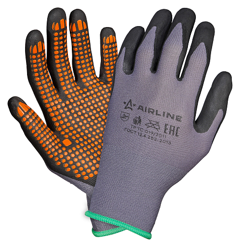 Перчатки нейлоновые с нитриловым покрытием ладони (М) сер./черн./оранж., с подвесом